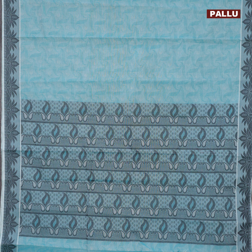 Coimbatore cotton saree tesl bkue and black with allover self emboss and thread woven border