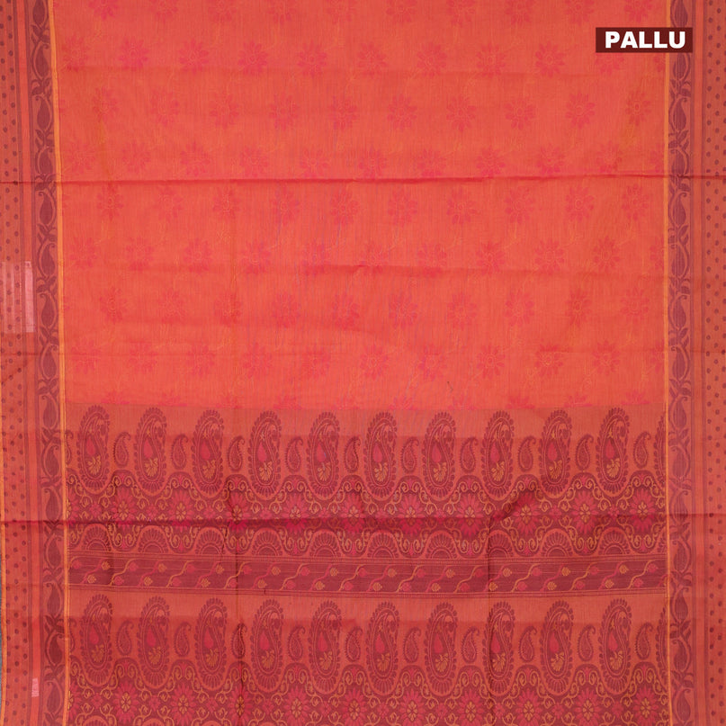 Coimbatore cotton saree dual shade of pinkish yellow with allover self emboss and thread woven border