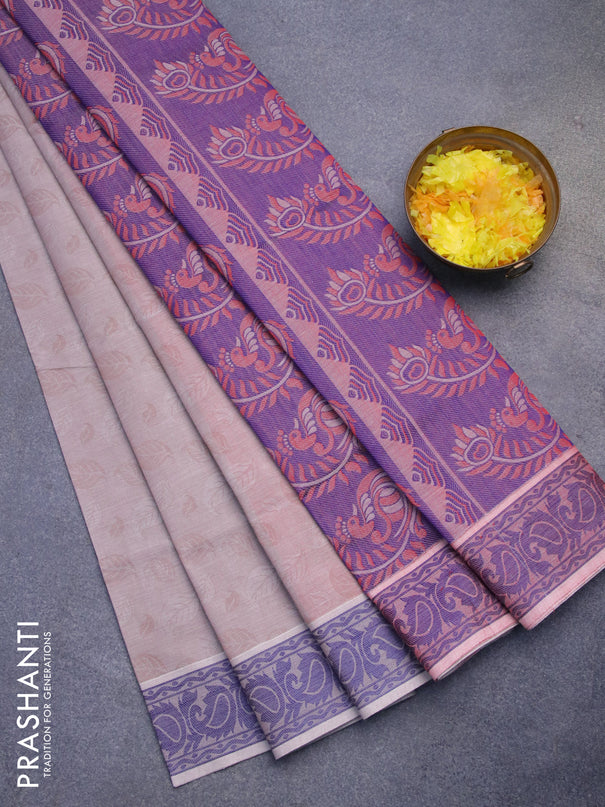 Coimbatore cotton saree pastel brown and blue with allover self emboss and thread woven border