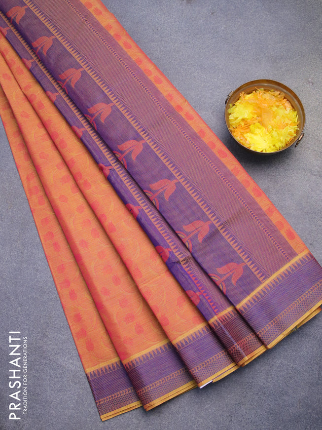Coimbatore cotton saree dual shade of yellowish pink and blue with allover self emboss and thread woven border