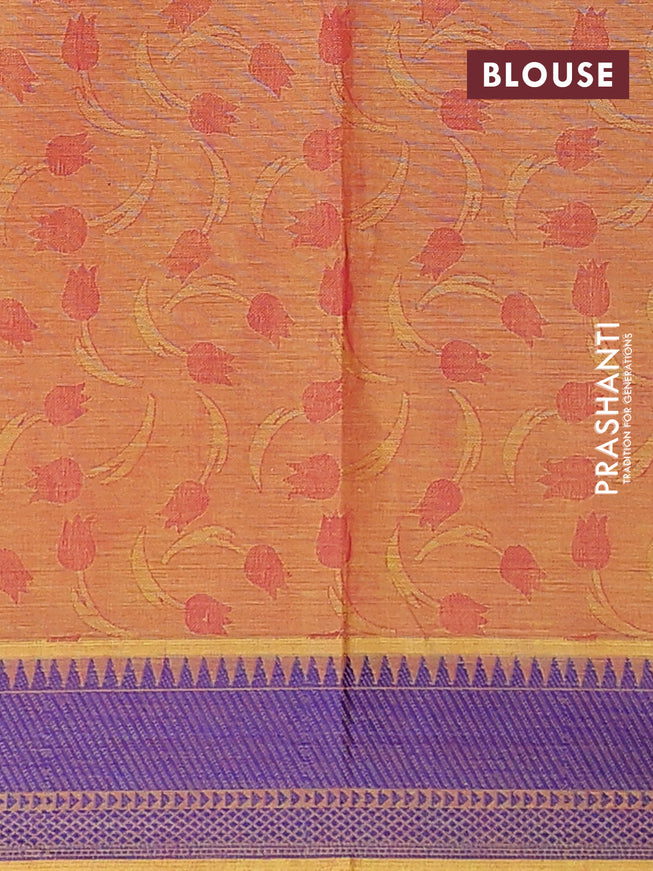 Coimbatore cotton saree dual shade of yellowish pink and blue with allover self emboss and thread woven border
