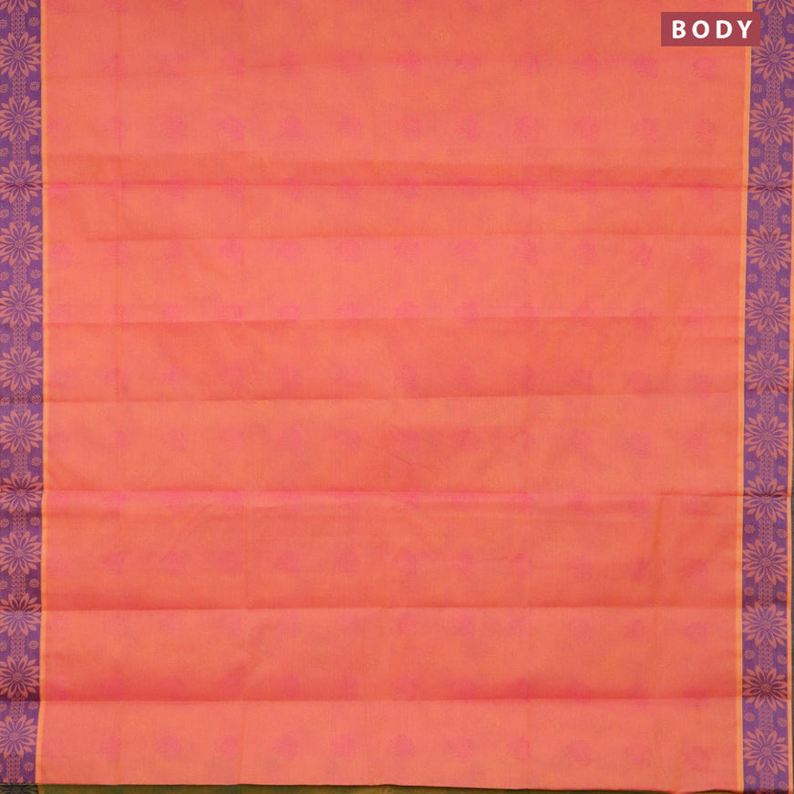 Coimbatore cotton saree dual shade of pinkish yellow and blue shade with allover self emboss and thread woven border