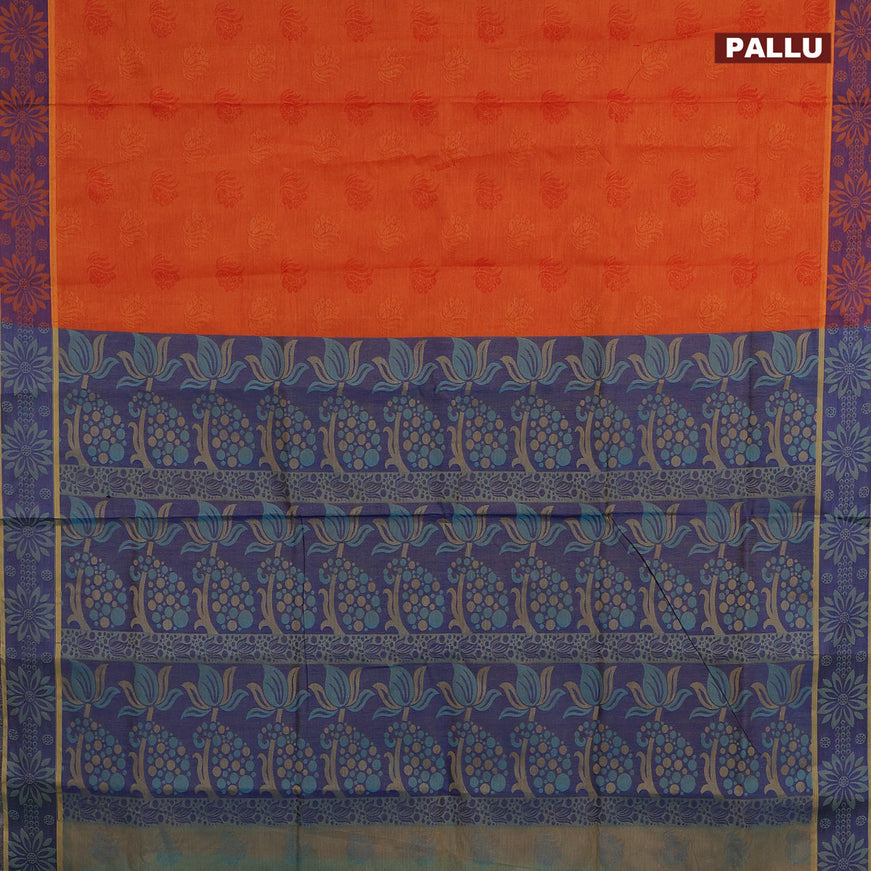 Coimbatore cotton saree sunset orange and blue shade with allover self emboss and thread woven border