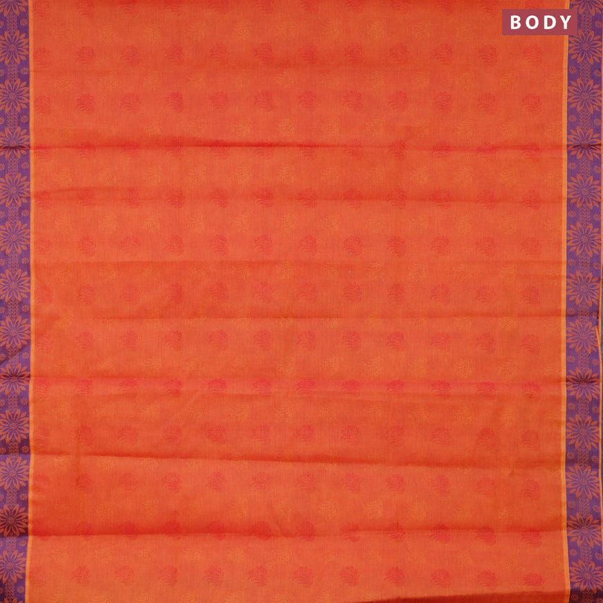 Coimbatore cotton saree dual shade of pinkish orange and blue shade with allover self emboss and thread woven border