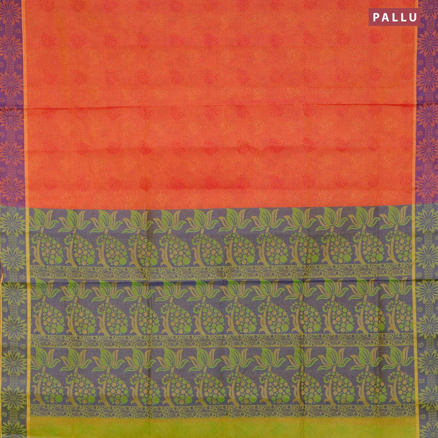 Coimbatore cotton saree dual shade of pinkish orange and blue shade with allover self emboss and thread woven border