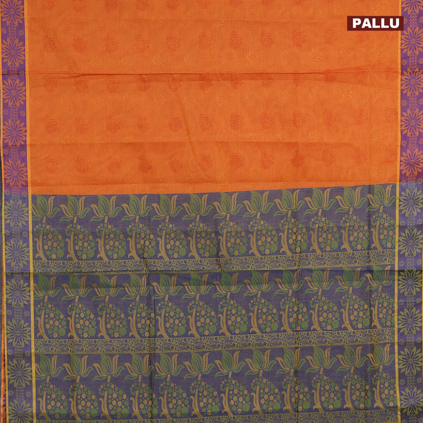 Coimbatore cotton saree rustic orange and dual shade of green with allover self emboss and thread woven border