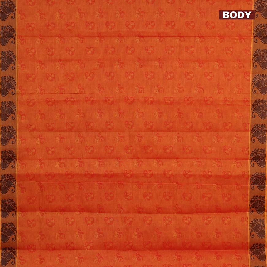 Coimbatore cotton saree sunset orange and black with allover self emboss and thread woven border