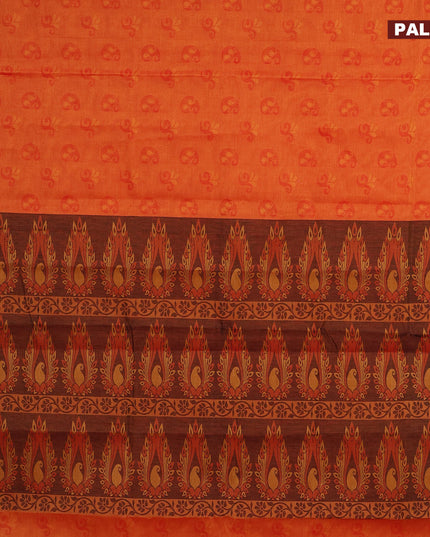 Coimbatore cotton saree sunset orange and black with allover self emboss and thread woven border