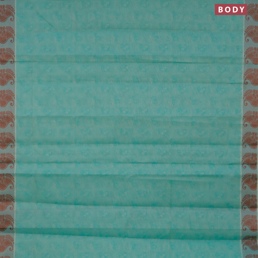 Coimbatore cotton saree teal green and brown with allover self emboss and thread woven border