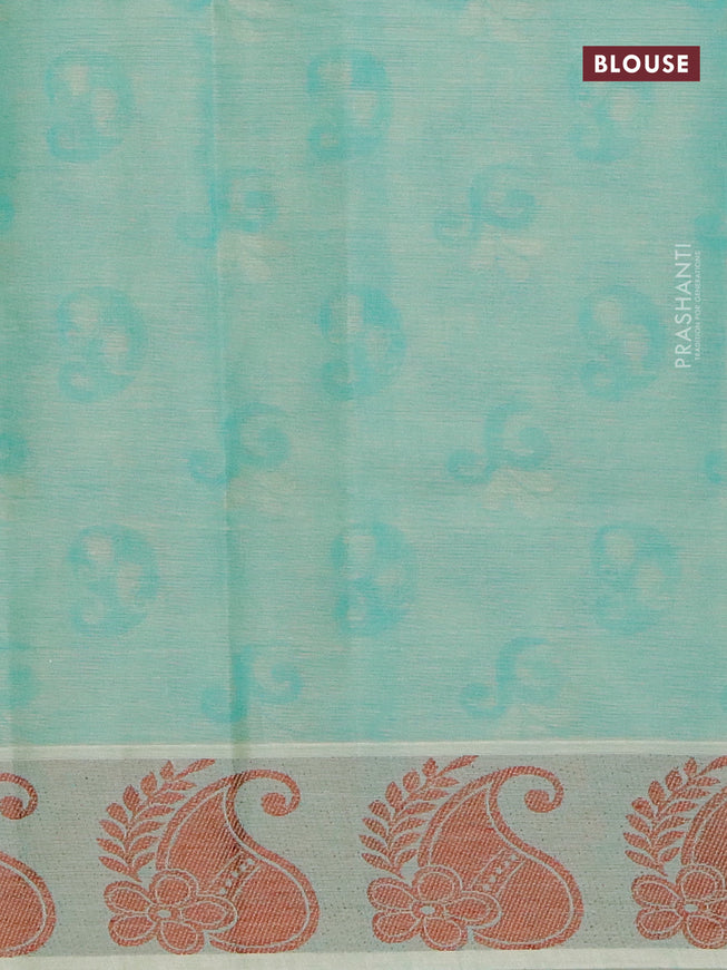 Coimbatore cotton saree teal green and brown with allover self emboss and thread woven border