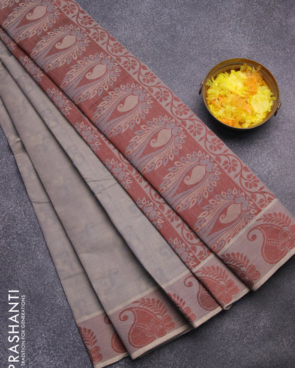 Coimbatore cotton saree grey and brown with allover self emboss and thread woven border