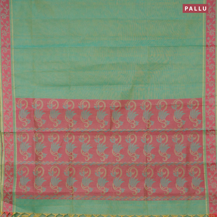 Coimbatore cotton saree dual shade of teal green and pink with allover self emboss and thread woven border