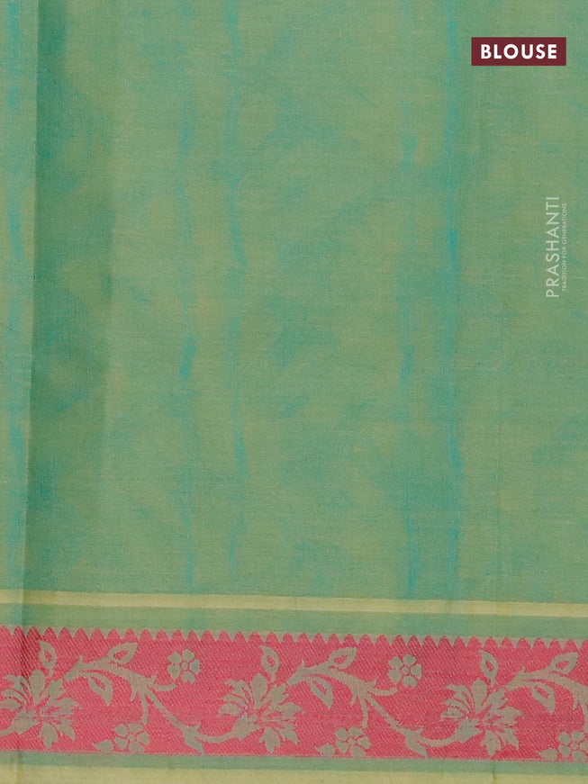 Coimbatore cotton saree dual shade of teal green and pink with allover self emboss and thread woven border
