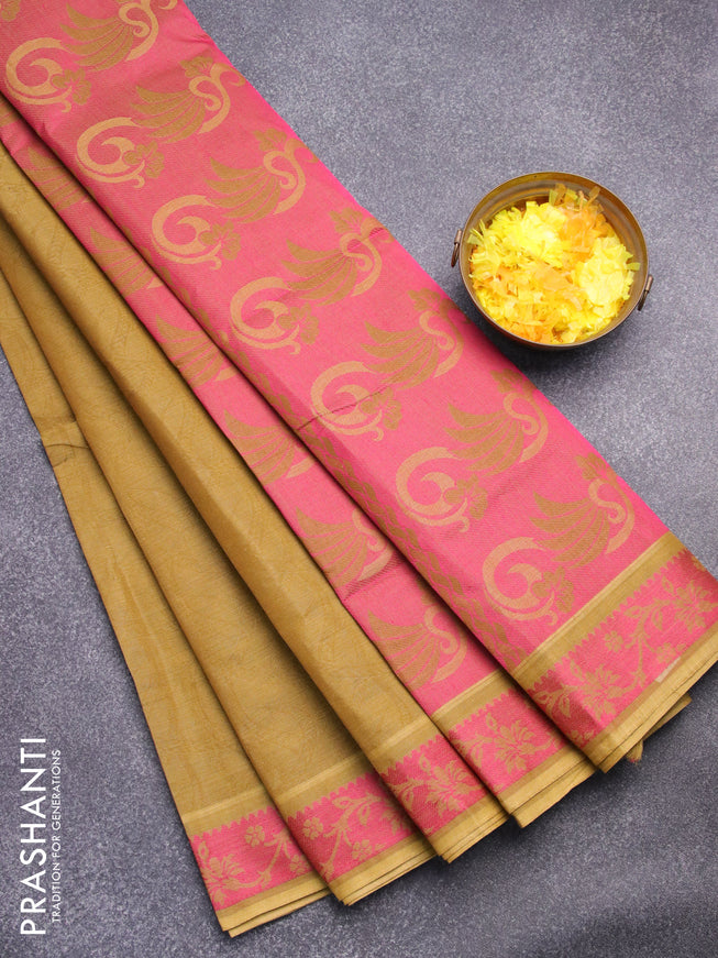 Coimbatore cotton saree dark mustard and pink with allover self emboss and thread woven border