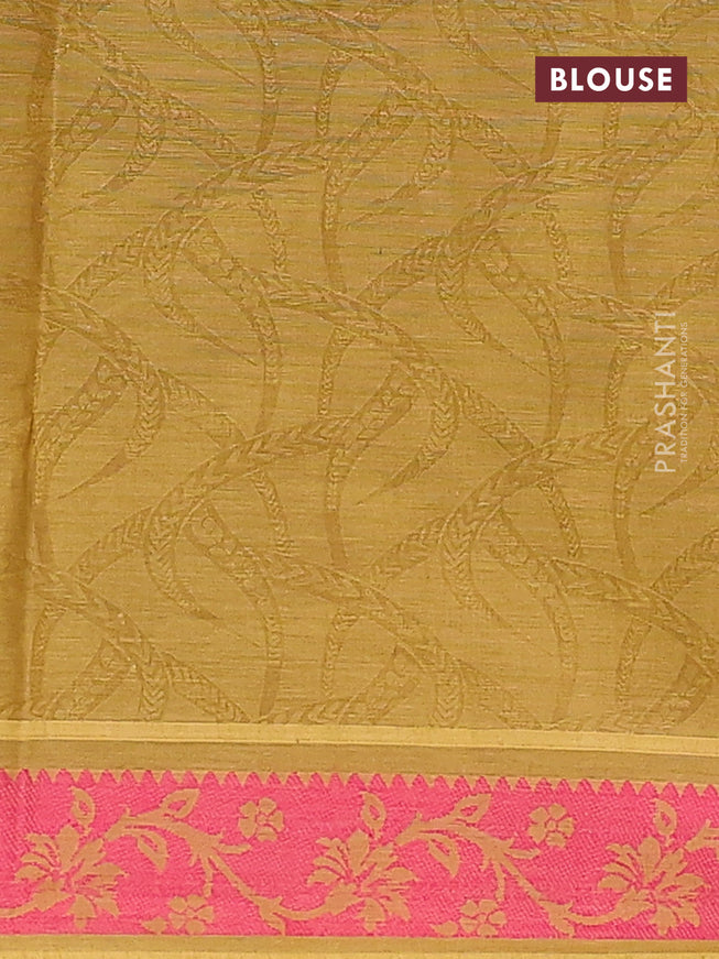 Coimbatore cotton saree dark mustard and pink with allover self emboss and thread woven border