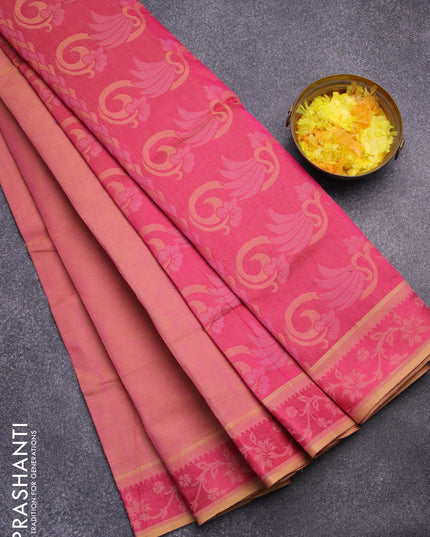 Coimbatore cotton saree pink and pink with allover self emboss and thread woven border