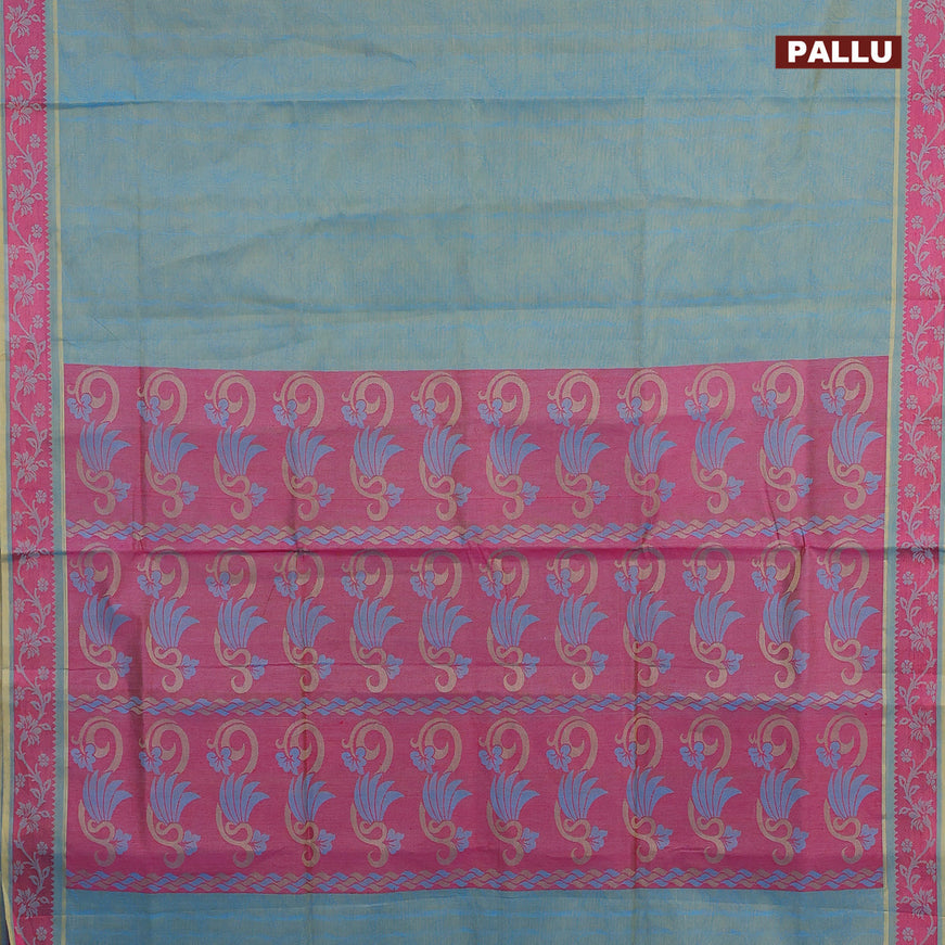 Coimbatore cotton saree dual shade of blue and pink with allover self emboss and thread woven border