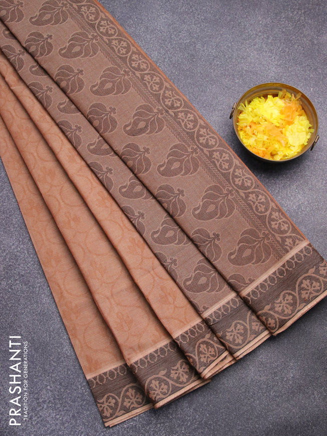 Coimbatore cotton saree brown and black with allover self emboss and thread woven border