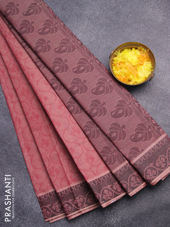 Coimbatore cotton saree red shade and black with allover self emboss and thread woven border
