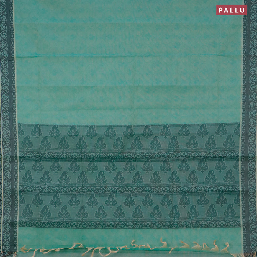 Coimbatore cotton saree teal green and black with allover self emboss and thread woven border