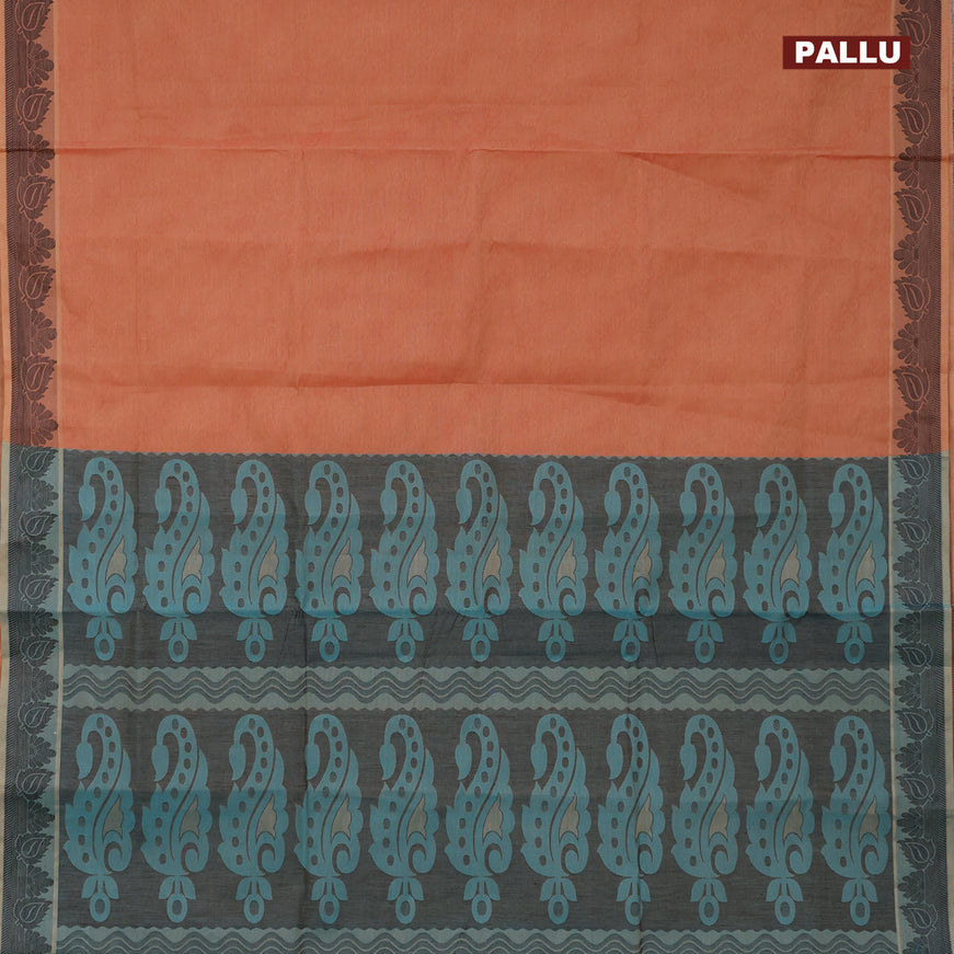 Coimbatore cotton saree rust shade and dual shade of blue with allover self emboss and thread woven border