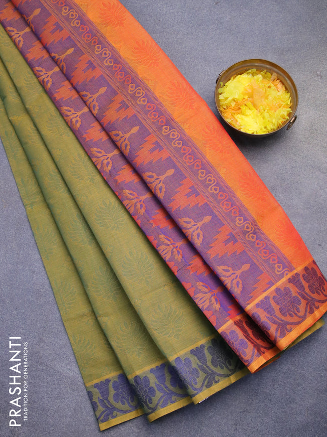 Coimbatore cotton saree dual shade of greenidh yellow and sunset orange with allover self emboss and thread woven border