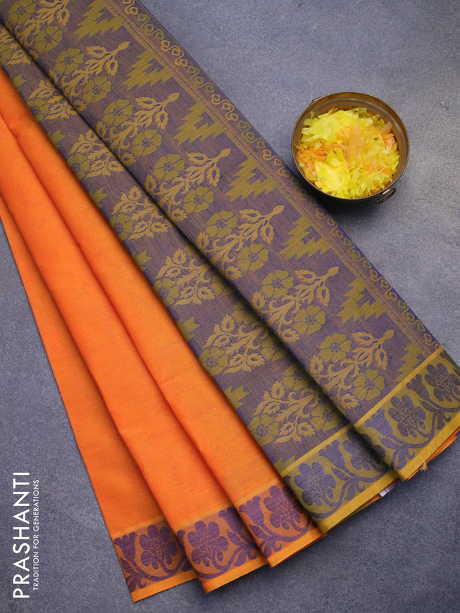 Coimbatore cotton saree dual shade of orange and dual shade of green with allover self emboss and thread woven border