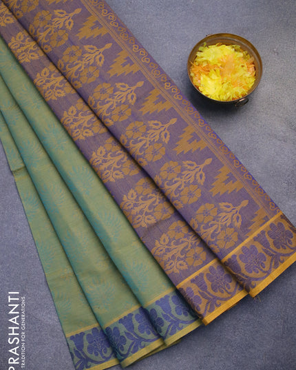 Coimbatore cotton saree dual shade of bulish yellow and dark mustard with allover self emboss and thread woven border