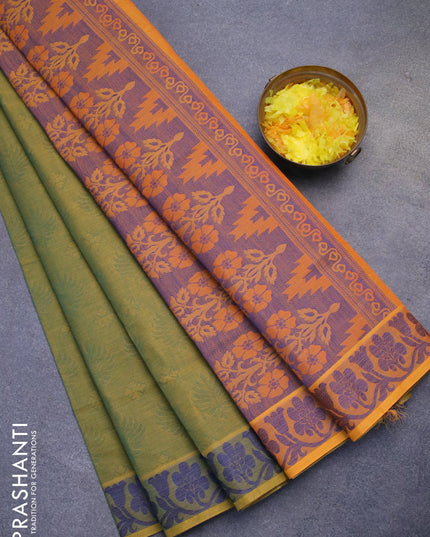Coimbatore cotton saree dual shade of green and dual shade of orange with allover self emboss and thread woven border