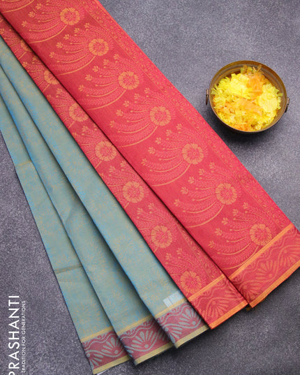 Coimbatore cotton saree dual shade of bluish yellow and dual shade of pink yellowish with allover self emboss and thread woven border