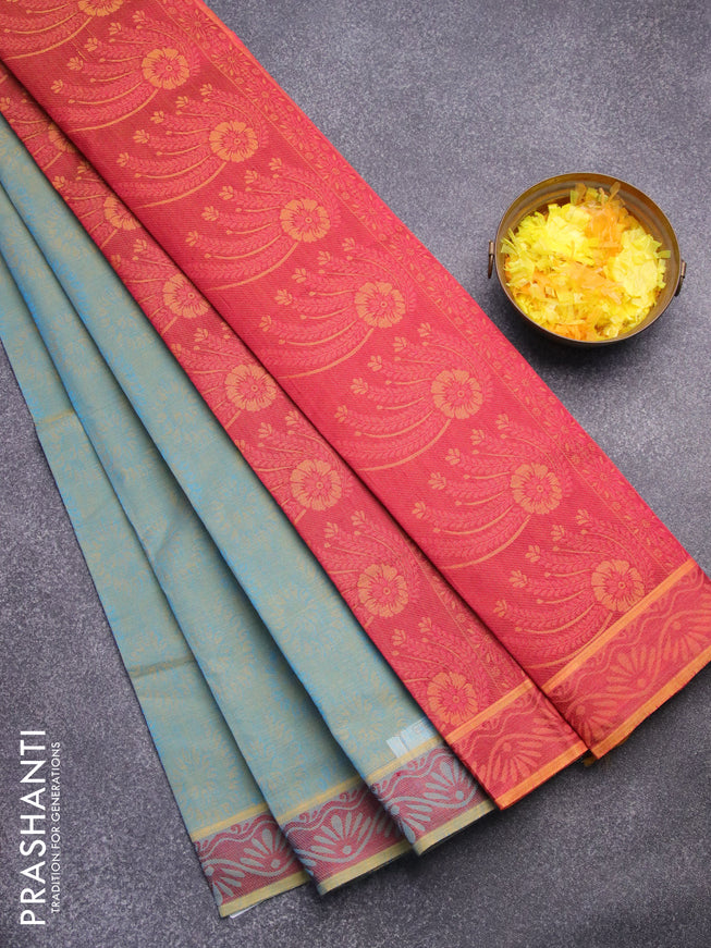 Coimbatore cotton saree dual shade of bluish yellow and dual shade of pink yellowish with allover self emboss and thread woven border