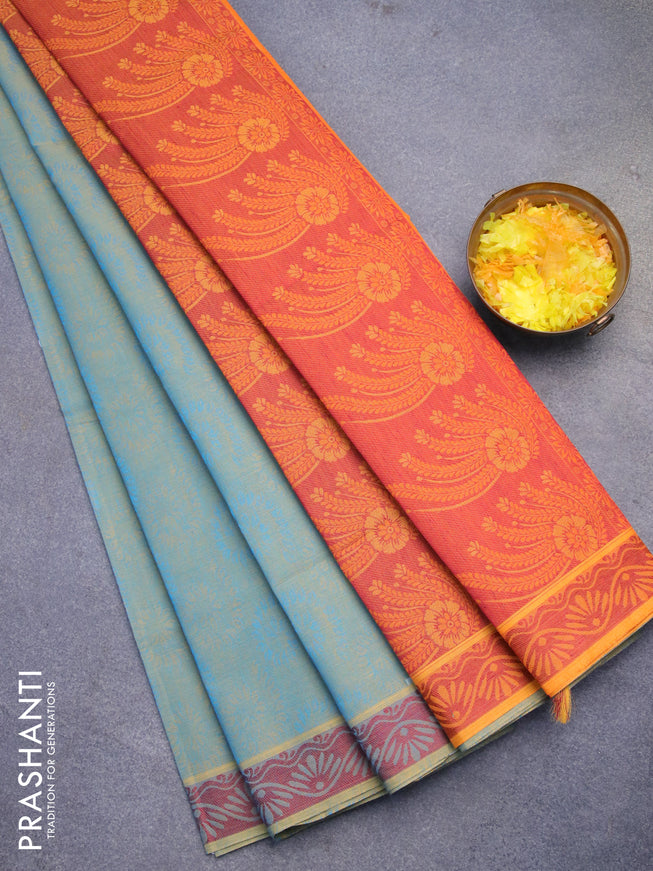 Coimbatore cotton saree dual shade of bluish yellow and mango yellow with allover self emboss and thread woven border