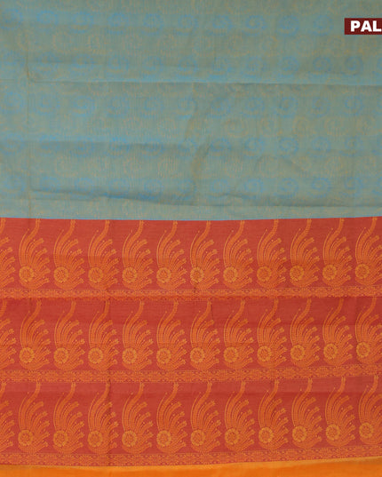 Coimbatore cotton saree dual shade of bluish yellow and mango yellow with allover self emboss and thread woven border