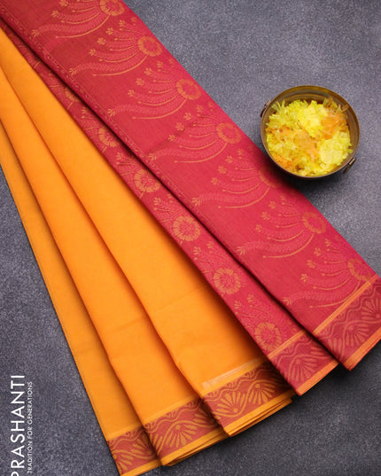 Coimbatore cotton saree mango yellow and dual shade of pink yellowish with allover self emboss and thread woven border