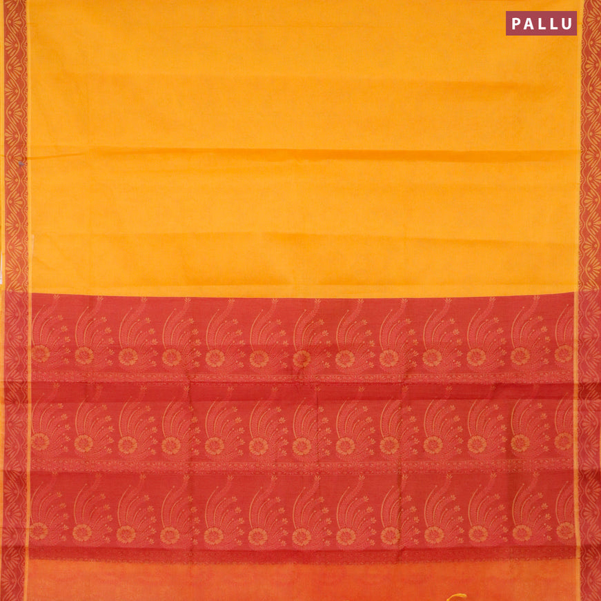 Coimbatore cotton saree mango yellow and dual shade of pink yellowish with allover self emboss and thread woven border