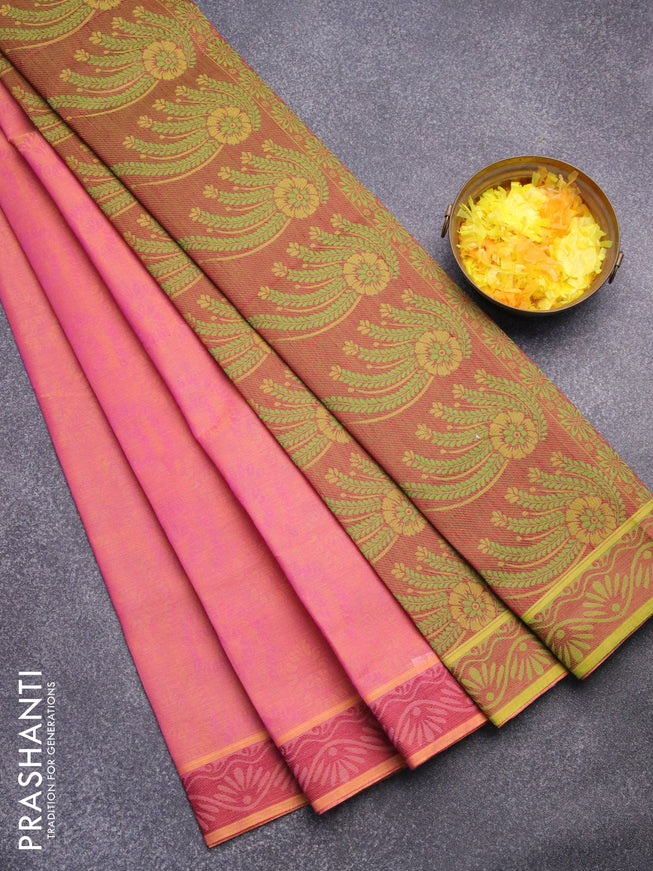 Coimbatore cotton saree dual shade of pink and dual shade of green with allover self emboss and thread woven border