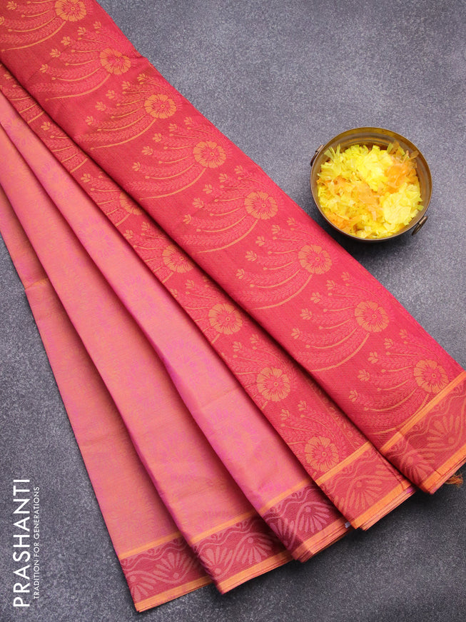 Coimbatore cotton saree dual shade of pink and maroon with allover self emboss and thread woven border