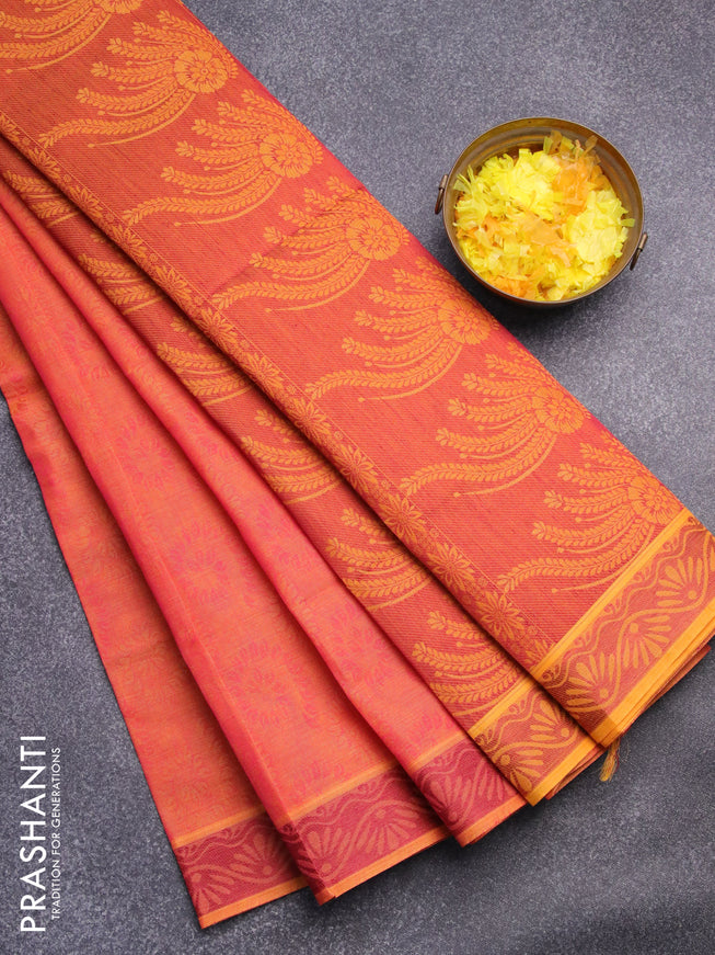 Coimbatore cotton saree dual shade of pink yellowish and mango yellow with allover self emboss and thread woven border
