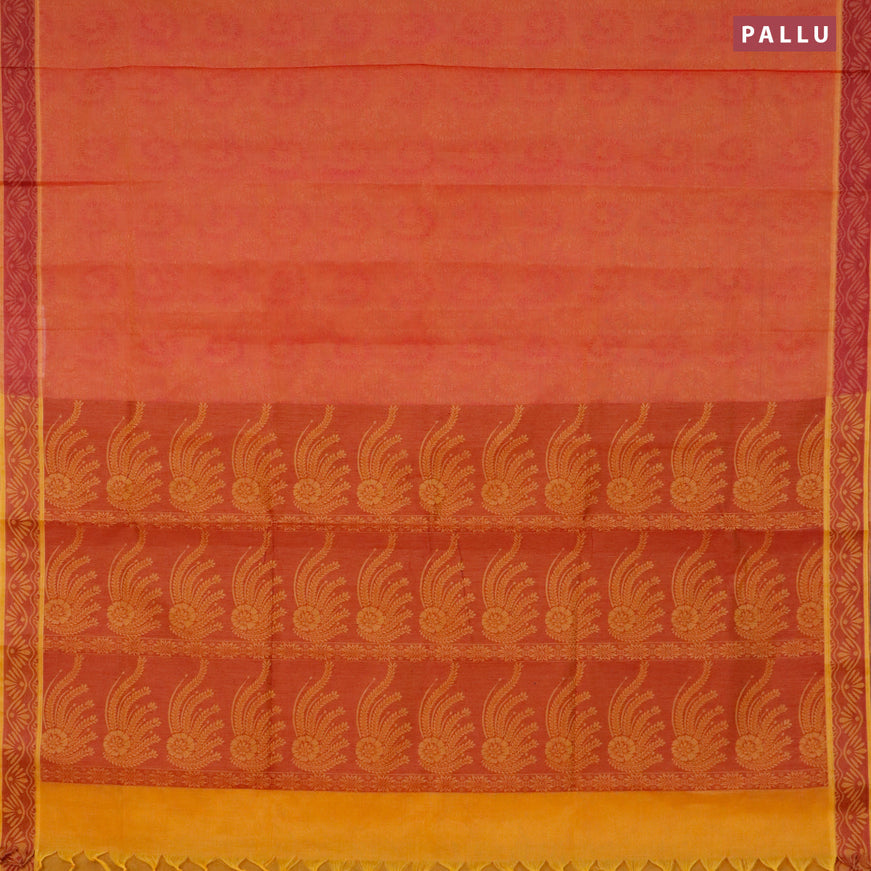 Coimbatore cotton saree dual shade of pink yellowish and mango yellow with allover self emboss and thread woven border