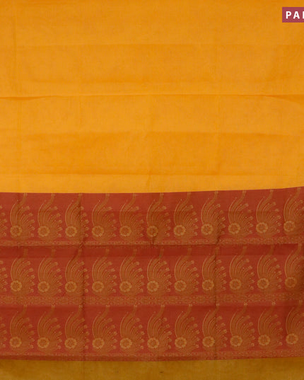 Coimbatore cotton saree mango yellow and maroon with allover self emboss and thread woven border