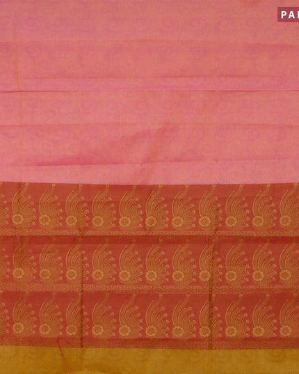Coimbatore cotton saree yellowish pink and dark mustard with allover self emboss and thread woven border