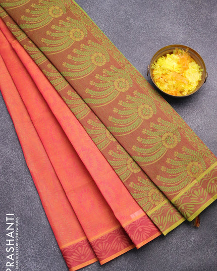 Coimbatore cotton saree dual shade of pink yellowish and dual shade of green with allover self emboss and thread woven border