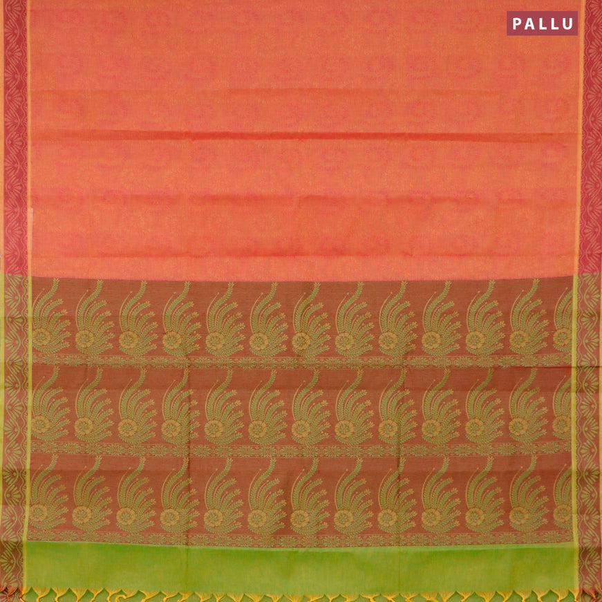 Coimbatore cotton saree dual shade of pink yellowish and dual shade of green with allover self emboss and thread woven border