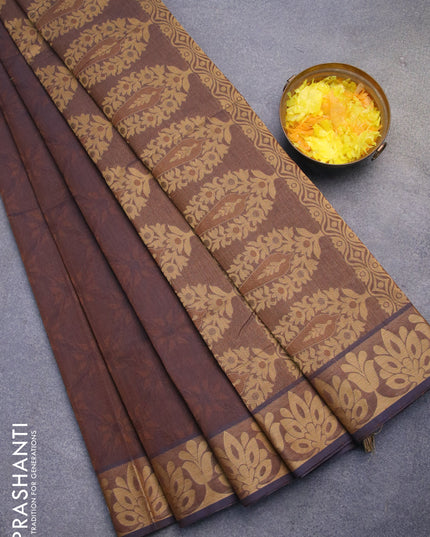 Coimbatore cotton saree dual shade of coffee brown and sandal with allover self emboss and thread woven border