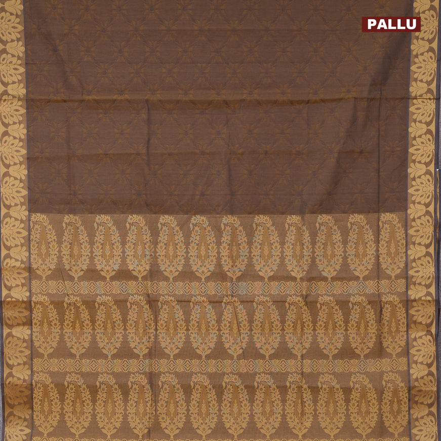 Coimbatore cotton saree dual shade of dark mustard with allover self emboss and thread woven border