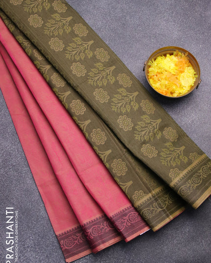 Coimbatore cotton saree pink and mehendi green with allover self emboss and thread woven border