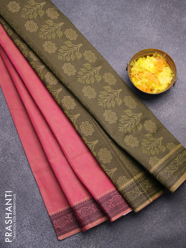 Coimbatore cotton saree pink and mehendi green with allover self emboss and thread woven border
