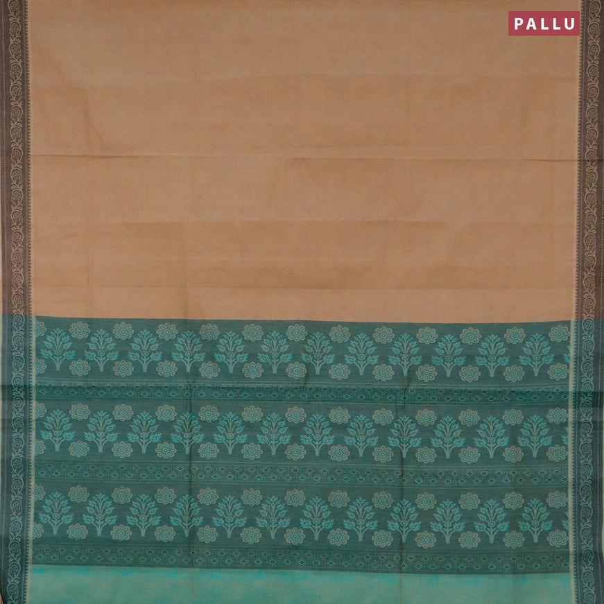 Coimbatore cotton saree dark sandal and teal green with allover self emboss and thread woven border
