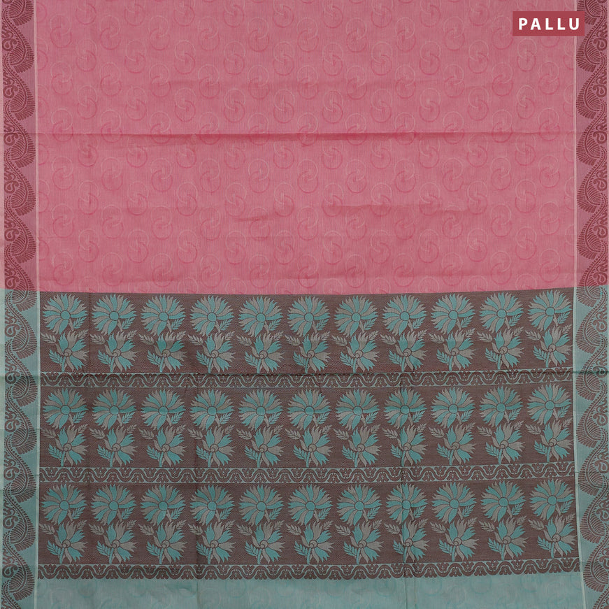 Coimbatore cotton saree pink shade and teal green with allover self emboss and thread woven border