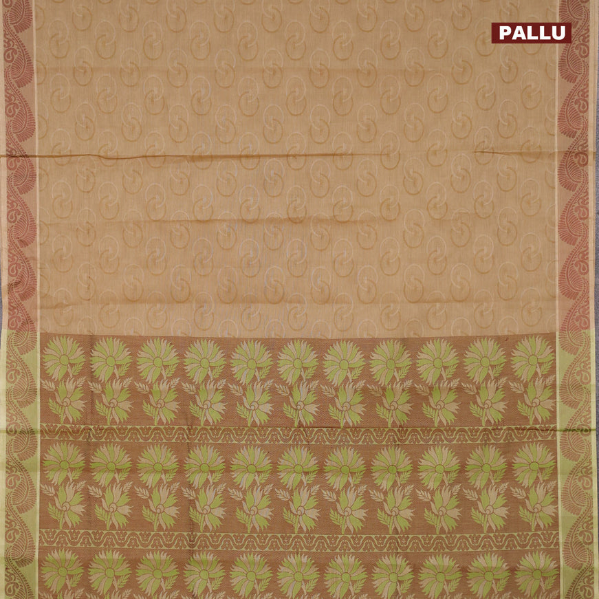 Coimbatore cotton saree dark sandal and green with allover self emboss and thread woven border